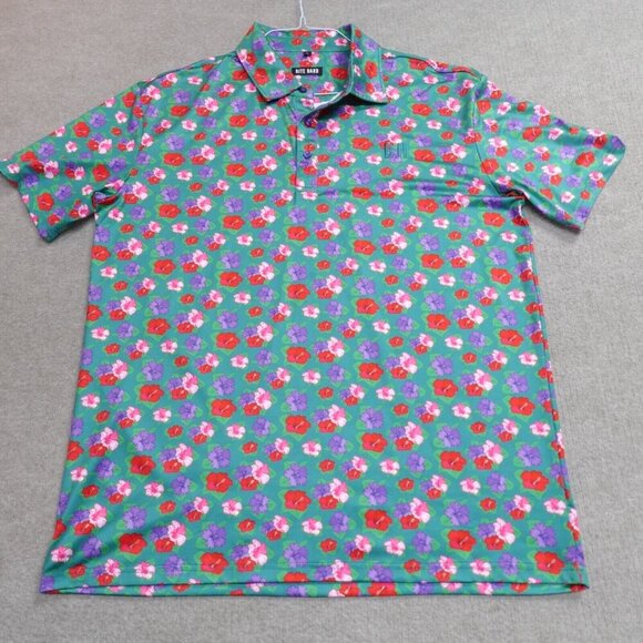 Bite Hard Polo Shirt Large Green All Over Floral Print Golf - Picture 1 of 7
